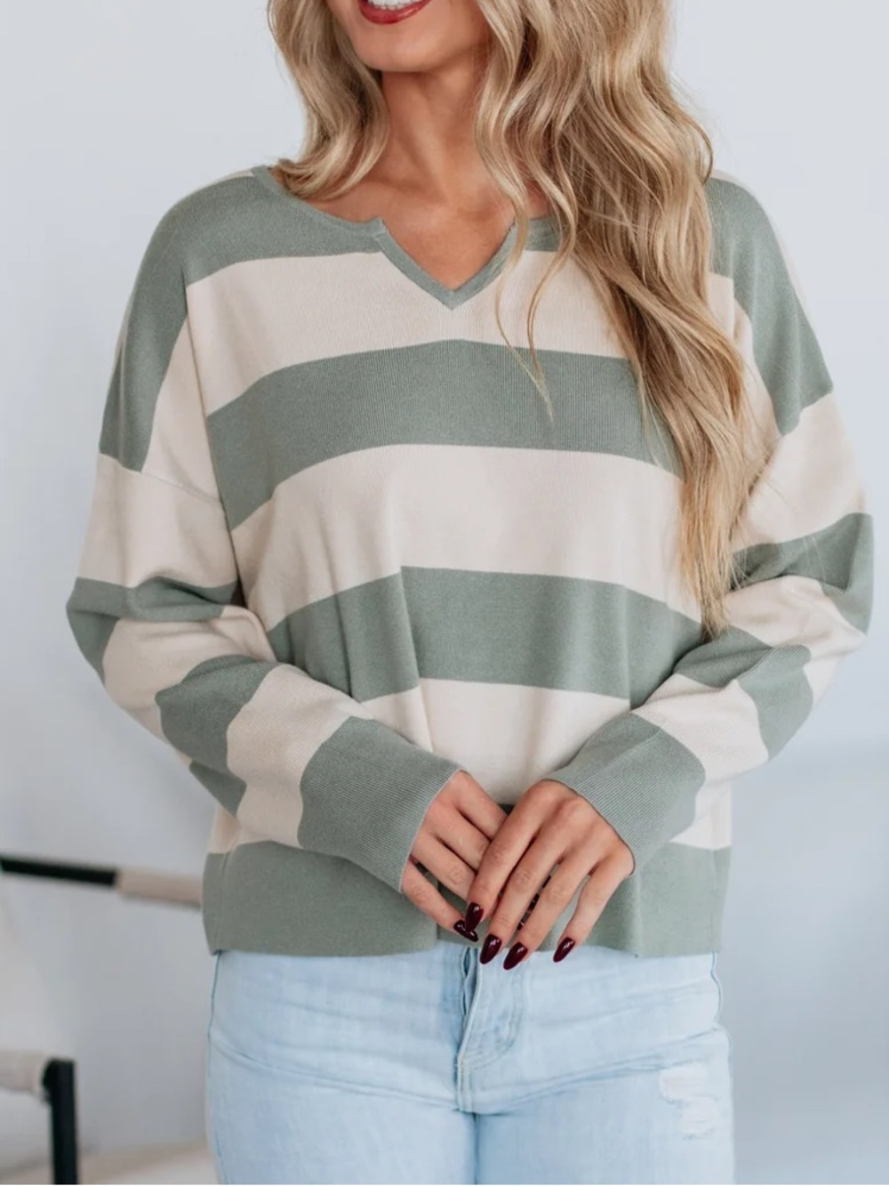 Women’s Be Cool Green & Cream Striped Front Notch Sweater